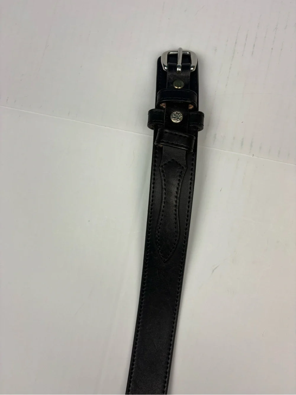 Gingerich Men Size 54 Belt Black Leather Made In USA Silver Tone Buckle Western